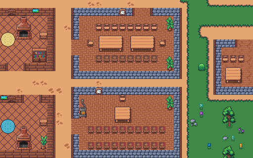 Two pixel-art meeting rooms with long tables.