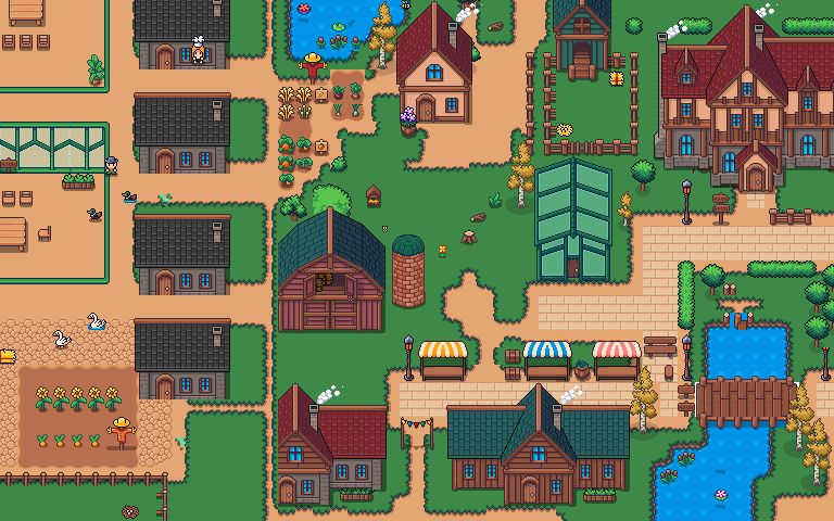 A pixel-art village square where colleagues cross paths.
