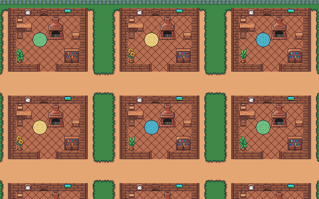 A street of small pixel-art private offices, each with its own desk.